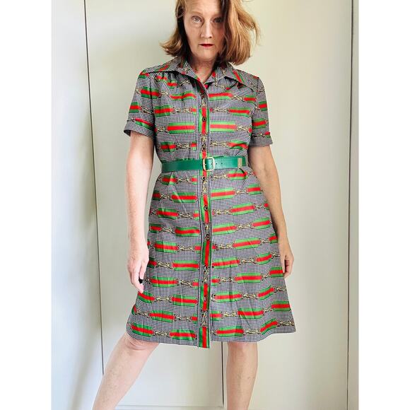 Vintage 60 Mod Style Dress Houndstooth Buckle Design Green/Red Designer Sz 6-8 - Picture 2 of 11